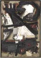 October V by John Levee, Oil on canvas abstract modernist scene in colors of white, black, gray, and red, sold Aug 2010