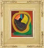 Moffett, Colorful Abstract, Oil on board abstract scene in colors including green, red, orange, yellow and blue