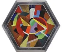 F. Petri, Hexagonal Abstract, Oil on board colorful abstract with curved and angular shapes in a six-sided design
