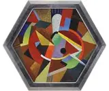 F. Petri, Hexagonal Abstract, Oil on board colorful abstract with curved and angular shapes in a six-sided design