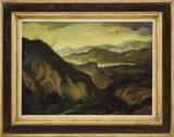 George Davidson, The Hilly Coast, Oil on canvas coastal scene shows hills and low mountains leading to water