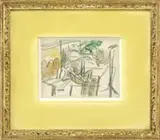 Pool Side by Richard Diebenkorn, Mixed media, watercolor and graphite scene shows a figure resting in a lounge chair with building, palm tree and canopy, sold Aug 2010