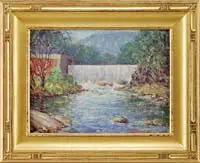 River Landscape by Harry Leslie Hoffman, Oil on masonite shows a man-made dam with waterfall in summer landscape. Trees flank the waterfall with a hill beyond, sold Aug 2010