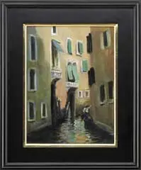 Takanori Oguiss, Petit Canal a Venise, Oil on Masonite scene shows a thin canal through tall buildings with gondolier