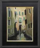 Takanori Oguiss, Petit Canal a Venise, Oil on Masonite scene shows a thin canal through tall buildings with gondolier