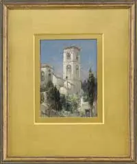 James David Smillie, Cathedral Tower, Ravello, Italy, Oil on board scene shows the square windowed tower and connected church with trees under blue sky