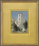 James David Smillie, Cathedral Tower, Ravello, Italy, Oil on board scene shows the square windowed tower and connected church with trees under blue sky
