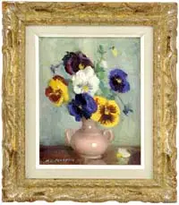 Margaret Stuber Pearson, Pansies, Oil on canvas board still life scene shows a pink double handled vase filled with blue, white, yellow and purple pansies