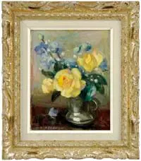 Marguerite Stuber Pearson, Peace Roses and Larkspur, Oil on canvas board still life scene shows a pewter vase filled with yellow roses and blue larkspur