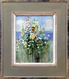 Jane Brewster Reid, Nantucket Gladiolas, Fine watercolor garden scene of colorful gladiolas against a grass and ocean background