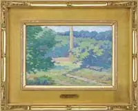 Leon Foster Jones, New Hampshire Landscape, Oil on board summer landscape shows trees surrounding a small manufacturing building with smoke stack