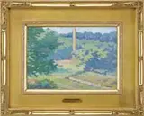 Leon Foster Jones, New Hampshire Landscape, Oil on board summer landscape shows trees surrounding a small manufacturing building with smoke stack