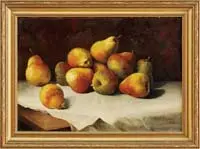 Charles Storer, Pears, Fine oil on board still life scene shows eleven pears in a grouping atop a white linen covered table