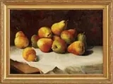 Charles Storer, Pears, Fine oil on board still life scene shows eleven pears in a grouping atop a white linen covered table