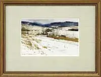 Winter Farm by Don Stone, Watercolor scene shows connected barns at the base of a hillside, snow-covered field with blue hills beyond, sold Aug 2010