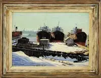 James Ford Clymer, Cargo Ships at Dock, Oil on masonite scene shows four cargo ships moored to dock area and boatyard in winter