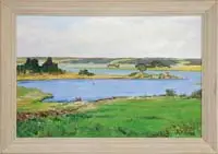 Charles H. Overly, East River from Westport, Oil on canvas scene shows looking across grass meadow toward tidal river, all under a light blue and white cloud sky