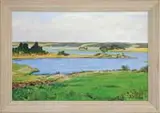 Charles H. Overly, East River from Westport, Oil on canvas scene shows looking across grass meadow toward tidal river, all under a light blue and white cloud sky