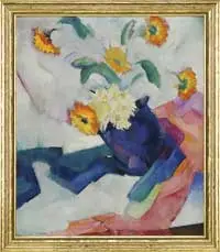 Margaret Gest, Modernist Still Life, Oil on canvas still life scene shows a blue vase of orange and white flowers set at an angle with colorful shapes