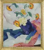 Margaret Gest, Modernist Still Life, Oil on canvas still life scene shows a blue vase of orange and white flowers set at an angle with colorful shapes