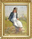 Edward Henry Potthast, Little Flower Girl, Oil on canvas spring scene shows a young girl seating on a grass-covered rock holding a small bouquet of flowers