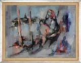 Marcel Mouly, Maternite Sur Le Grand Canal, Oil on canvas modernist scene shows a mother with child in a colorful abstract setting