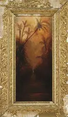 Tropical Landscape by Unsigned, Oil on canvas scene shows water leading to dense tropical marsh. Luminous background in colors of pink, gold and yellow, sold Aug 2010