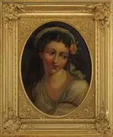 The Yellow Rose by Unsigned, Oil on canvas portrait of a young maiden. She has a yellow rose above her ear and wears a white dress, sold Aug 2010