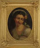 Unsigned, The Yellow Rose, Oil on canvas portrait of a young maiden. She has a yellow rose above her ear and wears a white dress