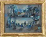 Marcel Mouly, La Palmeraie, Oil on canvas modernist scene shows figures around a pond lined with trees