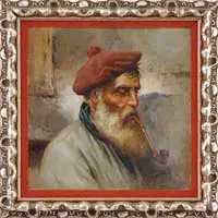 Signed, A Weathered Soul, Oil on canvas study of a man with gray beard smoking a long pipe and wearing a red cap