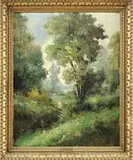 Giulio Cesare Milani, Summer Glade, Oil on canvas landscape scene shows a tree, grass and bush covered area with small stream