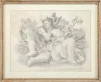 Karin van Leyden, The Lover’s Embrace, Pencil drawing of a man and woman in lover’s embrace in a outside setting with fence and bush