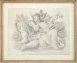 Karin van Leyden, The Lover’s Embrace, Pencil drawing of a man and woman in lover’s embrace in a outside setting with fence and bush
