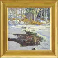 Mike Graves, Winter Pool, Oil on canvas winter scene shows an elbow pool of a small stream with snow covered banks and forested hillside beyond