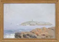 William Johnson Bixbee, Marblehead Rock, Oil on board coastal scene shows an island with sailboat in calm blue water with coastal rock ledge in foreground