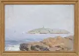 William Johnson Bixbee, Marblehead Rock, Oil on board coastal scene shows an island with sailboat in calm blue water with coastal rock ledge in foreground