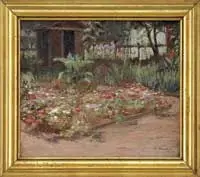 Helena Dunlap, Flower Garden, Oil on canvas back yard scene shows a garden area with wood-lined flower bed, garden shed and fence