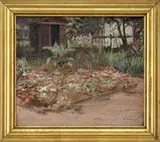 Helena Dunlap, Flower Garden, Oil on canvas back yard scene shows a garden area with wood-lined flower bed, garden shed and fence