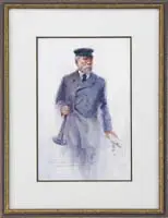 Paul Landry, Captain with Speaking Trumpet, Mixed media scene shows a sea captain in double breasted coat with hat holding a speaking trumpet in hand