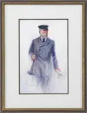 Paul Landry, Captain with Speaking Trumpet, Mixed media scene shows a sea captain in double breasted coat with hat holding a speaking trumpet in hand