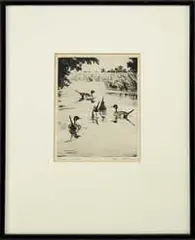 Hans Kleiber, Pintails Feeding, Pencil signed and titled etching from the Associated American Artist Series shows five pintails in a small marsh pond
