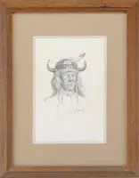J B Clemens, Indian Chief, Pencil drawing of an elderly Indian Chief bust with ceremonial buffalo headdress. Pencil signed and dated “1982”