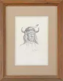 J B Clemens, Indian Chief, Pencil drawing of an elderly Indian Chief bust with ceremonial buffalo headdress. Pencil signed and dated “1982”