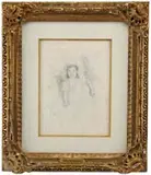 Mary Cassatt, Margot Wearing a Bonnet, Drypoint etching shows a sketched view of a young girl smiling wearing a large bonnet