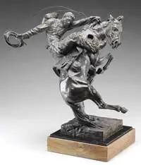 Edward James Fraughton, The Spirit of Wyoming, Bronze action sculpture shows a cowboy riding a bucking bronco, one hand on the reins, the other on his lasso