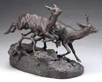 Clovis-Edmond Masson, Buck and Doe, Outstanding bronze depicting a buck and doe running across forest floor leaping over a stump