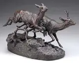 Clovis-Edmond Masson, Buck and Doe, Outstanding bronze depicting a buck and doe running across forest floor leaping over a stump