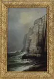 Whitehead, Cushings Island by George M. Hathaway, Oil on board scene shows granite cliffs with pounding waves under gray sky, sold Aug 2009