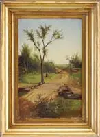 Delbert Dana Coombs, The Wooden Bridge, Oil on canvas Maine landscape shows a dirt road with gate and wood bridge over a small stream